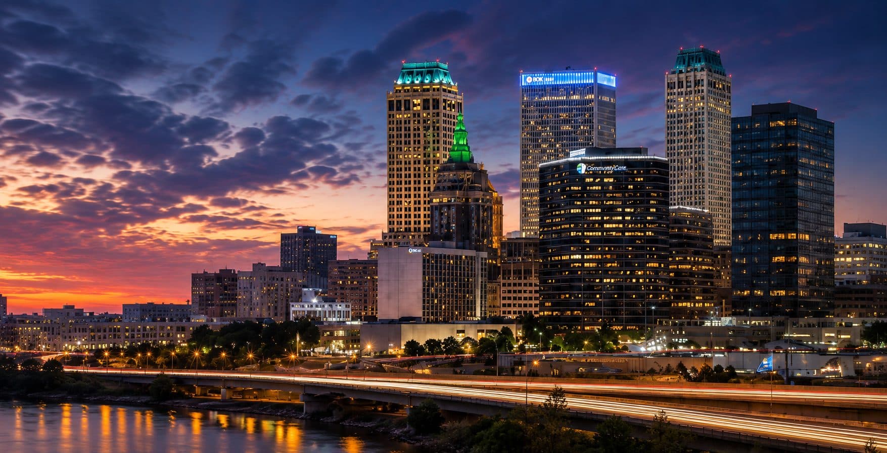Downtown Tulsa skyline at dusk